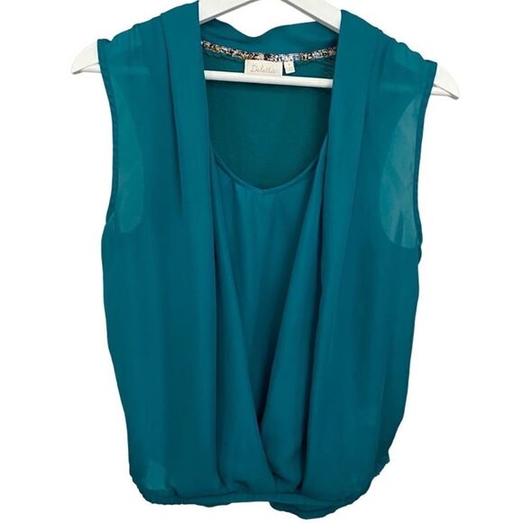 Deletta Anthropologie Teal Rivulet Draped Front Sleeve Blouse Medium - Picture 2 of 4